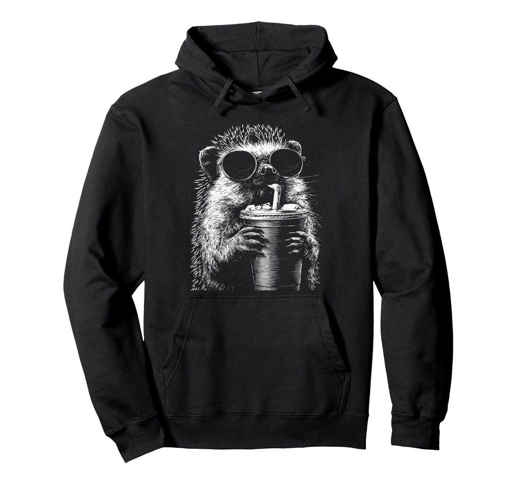 Hedgehog Drinking Iced Coffee Funny Hoodie - Novelty Apparel for Adults - T-Shirt, Sweatshirt, Hoodie