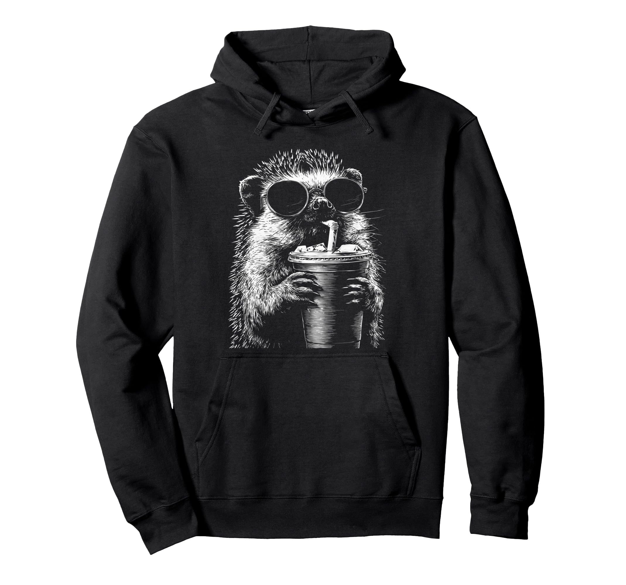 Hedgehog Drinking Iced Coffee Funny Hoodie - Novelty Apparel for Adults - T-Shirt, Sweatshirt, Hoodie