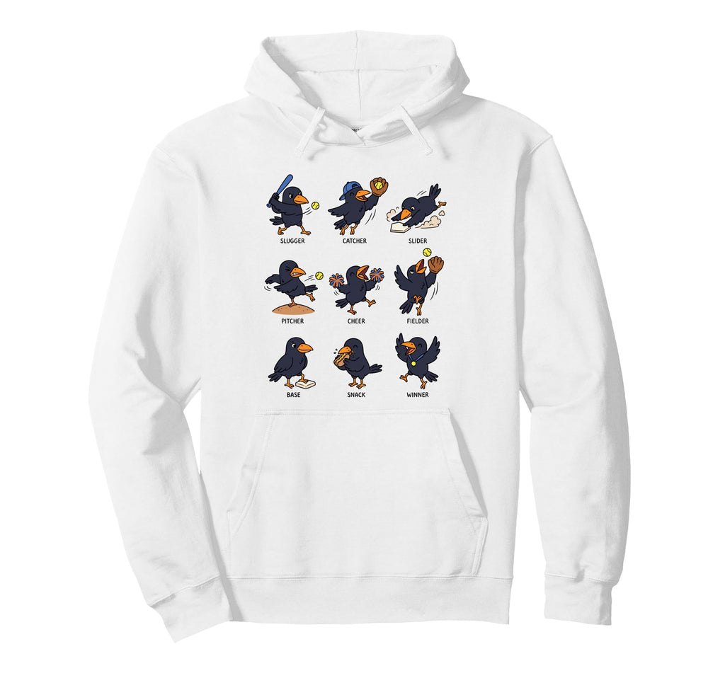 Funny Crow Cartoon Raven Softball Team Hoodie - Unique Graphic for Adults - T-Shirt, Sweatshirt, Hoodie
