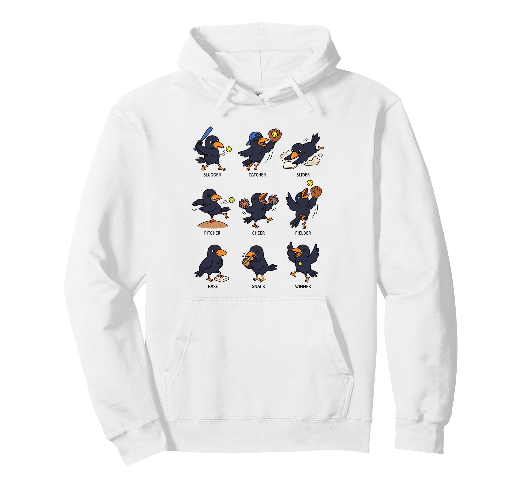 Funny Crow Cartoon Raven Softball Team Hoodie - Unique Graphic for Adults - T-Shirt, Sweatshirt, Hoodie