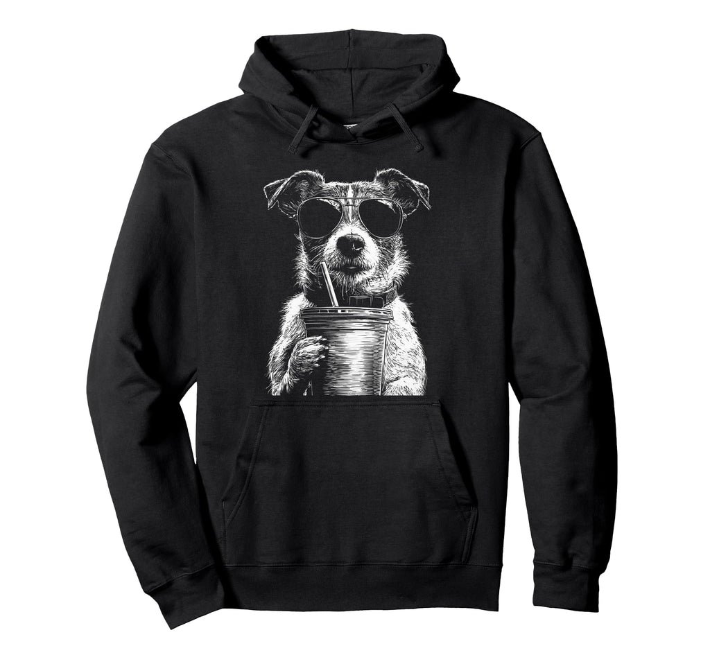 Jack Russell Drinking Iced Coffee Funny Hoodie - Unique Graphic for Adults - T-Shirt, Sweatshirt, Hoodie