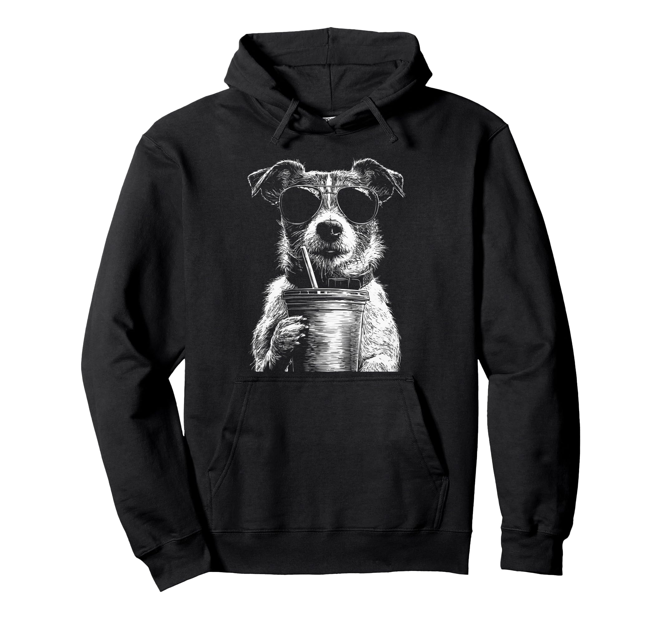 Jack Russell Drinking Iced Coffee Funny Hoodie - Unique Graphic for Adults - T-Shirt, Sweatshirt, Hoodie