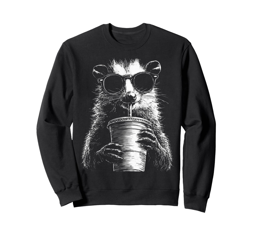 Opossum Drinking Iced Coffee Funny Sweatshirt - Unique Graphic Unisex - T-Shirt, Sweatshirt, Hoodie