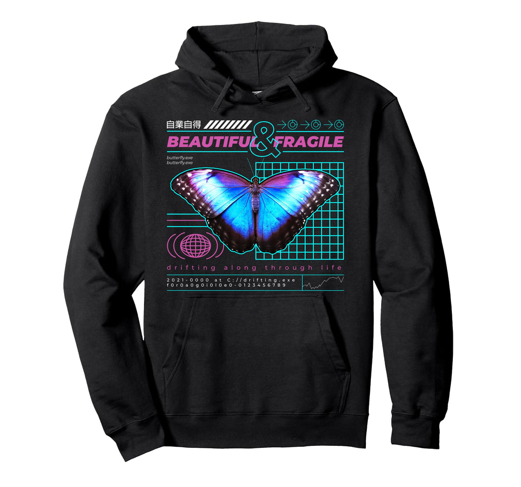 Beautiful Fragile L Blue Butterfly Hoodie - Novelty Apparel for Adults - T-Shirt, Sweatshirt, Hoodie