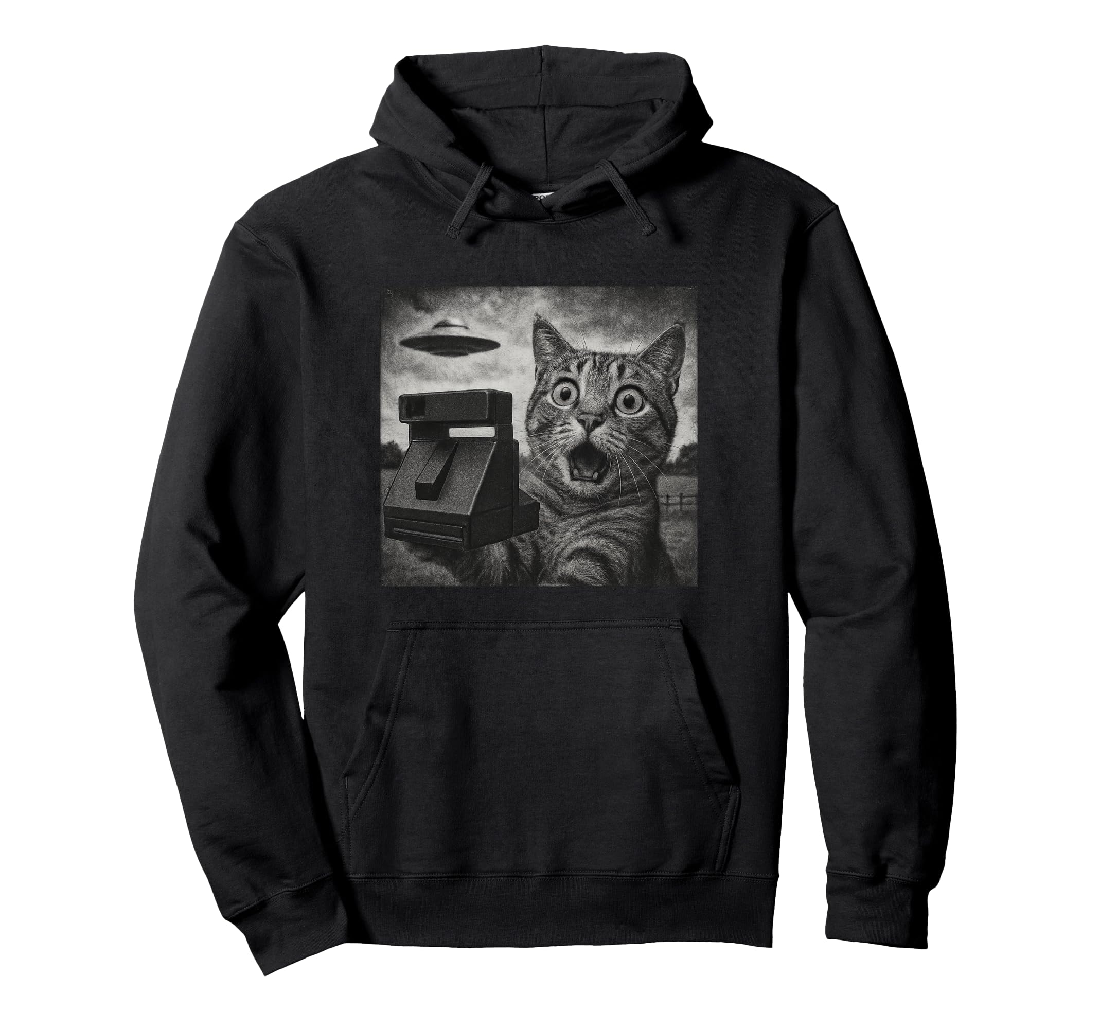 Shocked Cat Ufo Sighting Camera Sketch Hoodie - Graphic Print for Adults - T-Shirt, Sweatshirt, Hoodie