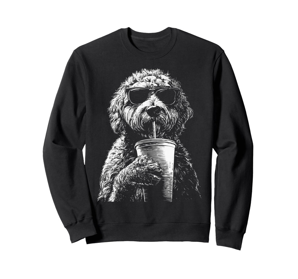 Labradoodle Drinking Iced Coffee Sweatshirt - Minimalist Print for Adults - T-Shirt, Sweatshirt, Hoodie