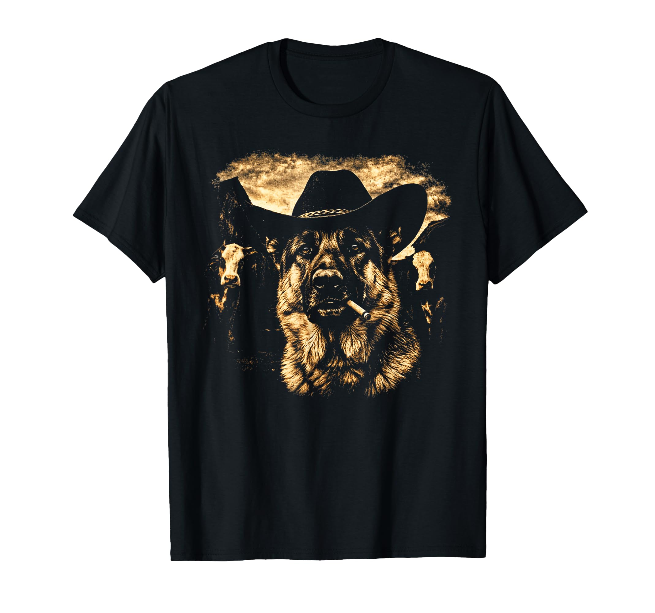 German Shepherd Western Cowboy Dog Smoking T-Shirt - Unique Graphic Unisex - T-Shirt, Sweatshirt, Hoodie