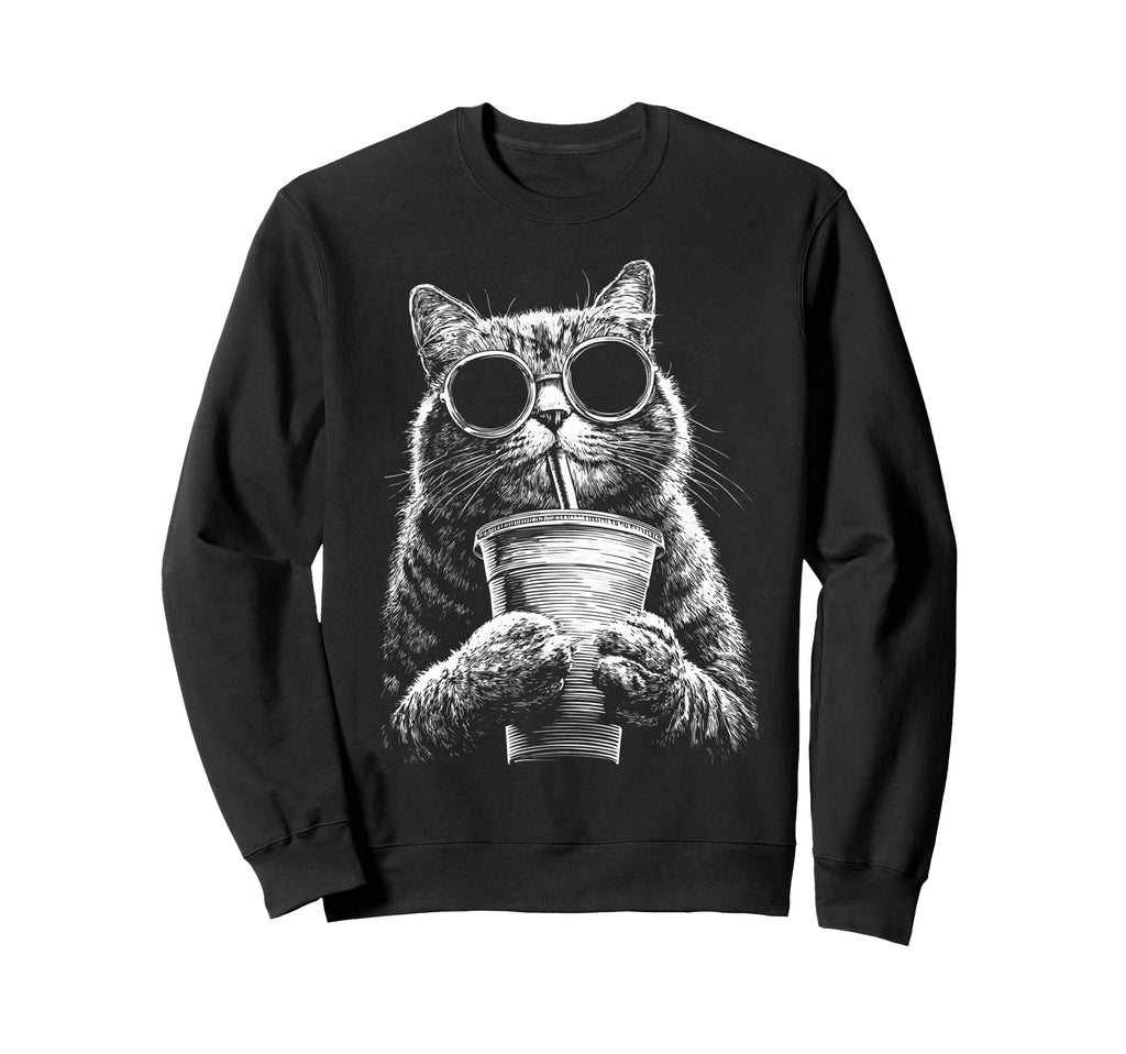 Tabby Cat Drinking Iced Coffee Sweatshirt - Minimalist Print Men Women - T-Shirt, Sweatshirt, Hoodie