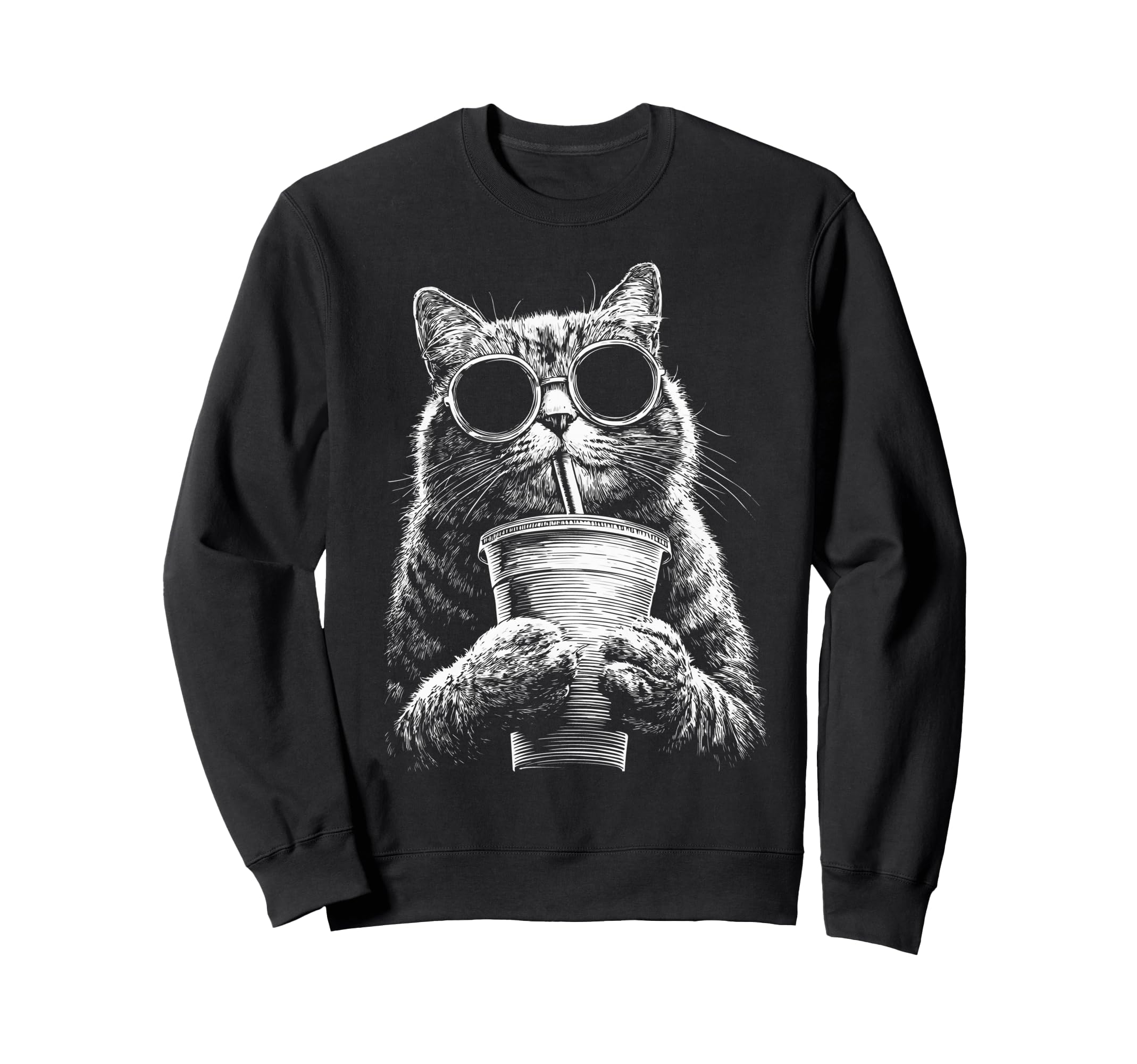 Tabby Cat Drinking Iced Coffee Sweatshirt - Minimalist Print Men Women - T-Shirt, Sweatshirt, Hoodie
