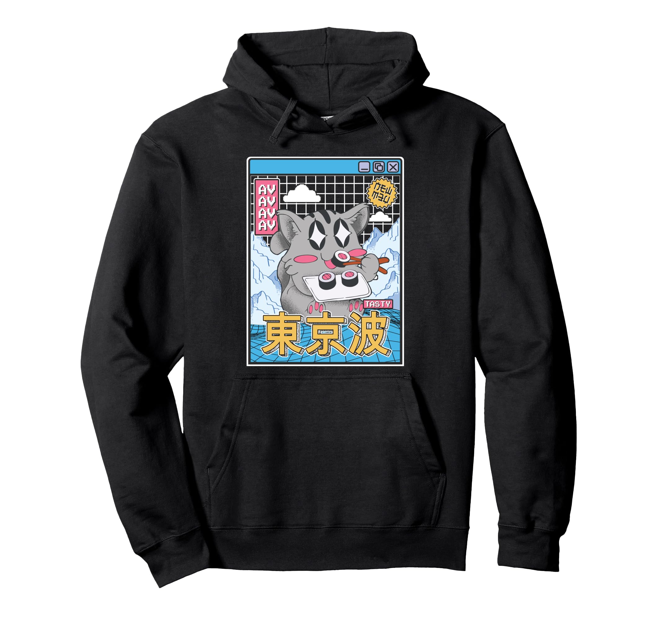 Happy Cat Eating Sushi Vaporwave Hoodie - Unique Graphic for Adults - T-Shirt, Sweatshirt, Hoodie