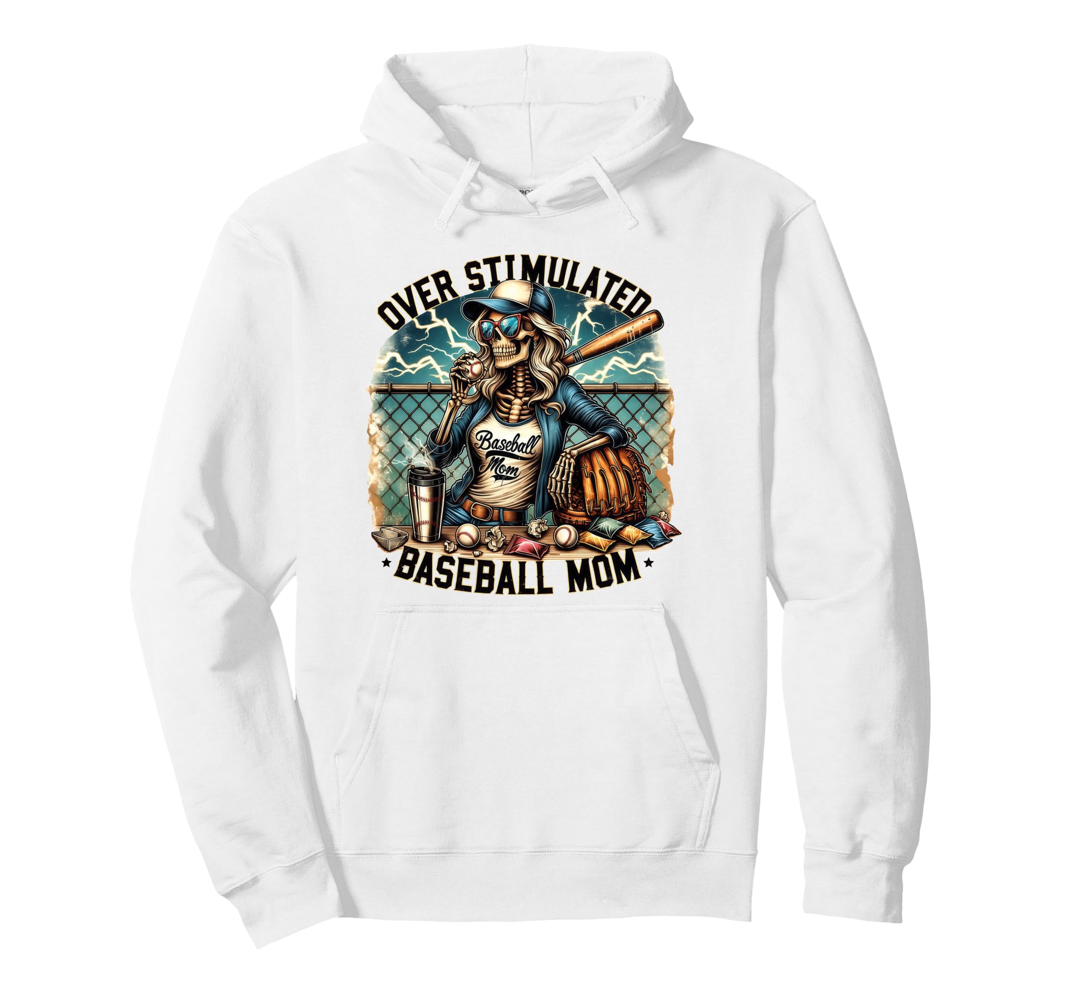 Overstimulated Baseball Mom Skeleton Hoodie - Minimalist Print Men Women - T-Shirt, Sweatshirt, Hoodie