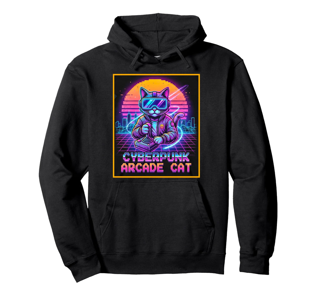 Cyberpunk Arcade Cat Synthwave Gamer Hoodie - Minimalist Print Men Women - T-Shirt, Sweatshirt, Hoodie