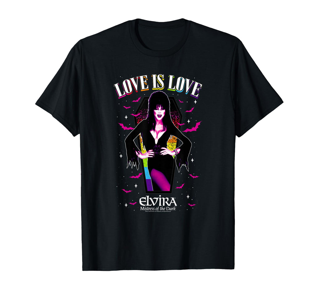 Elvira Love Is Love Rainbow Coffin T-Shirt - Novelty Apparel for Adults - T-Shirt, Sweatshirt, Hoodie