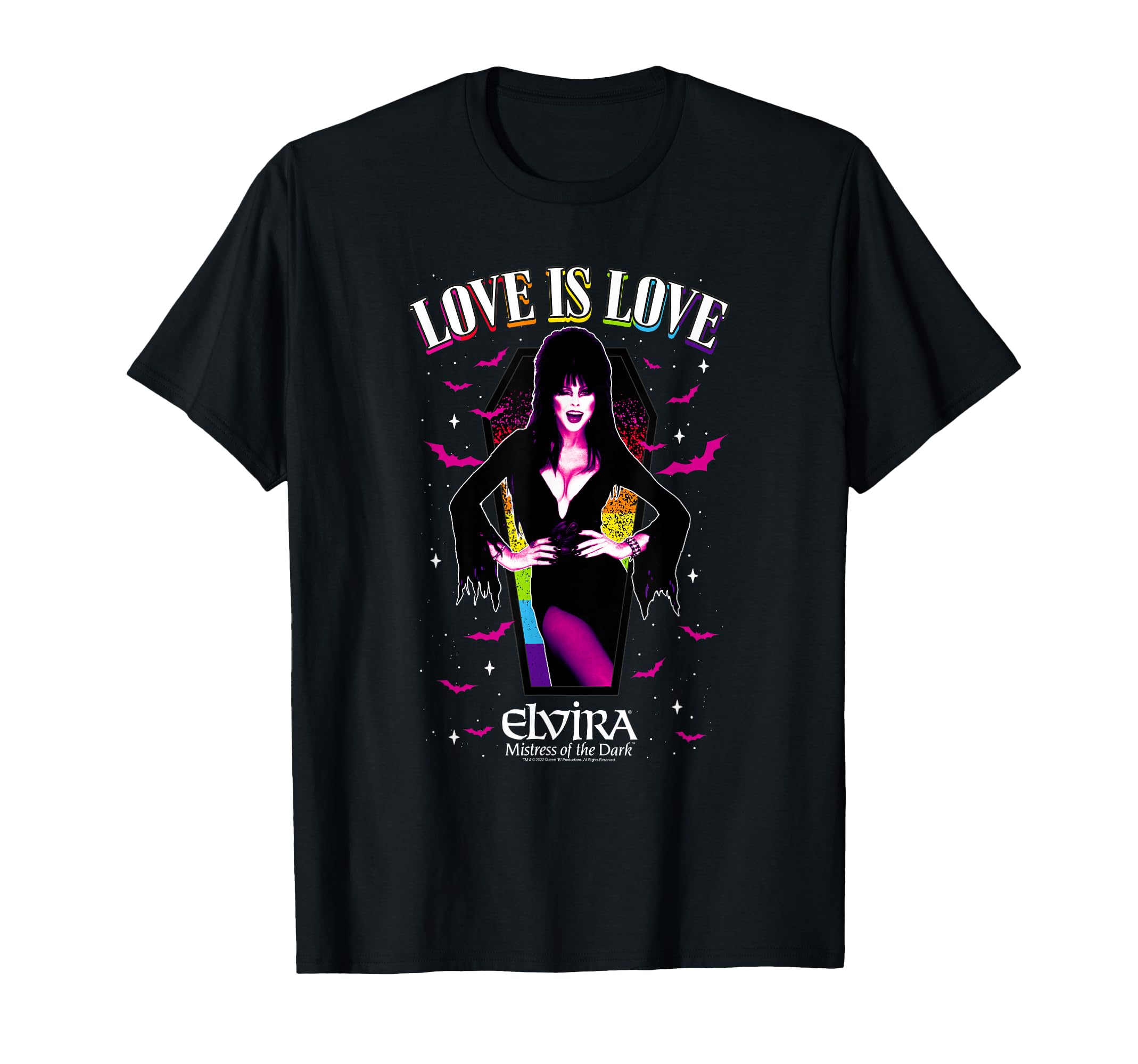 Elvira Love Is Love Rainbow Coffin T-Shirt - Novelty Apparel for Adults - T-Shirt, Sweatshirt, Hoodie