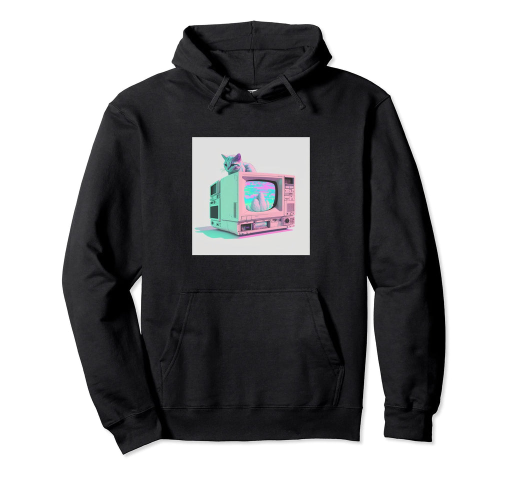 Vaperwave Aesthetic Glitch Cat Retrowave Hoodie - Graphic Print Unisex - T-Shirt, Sweatshirt, Hoodie