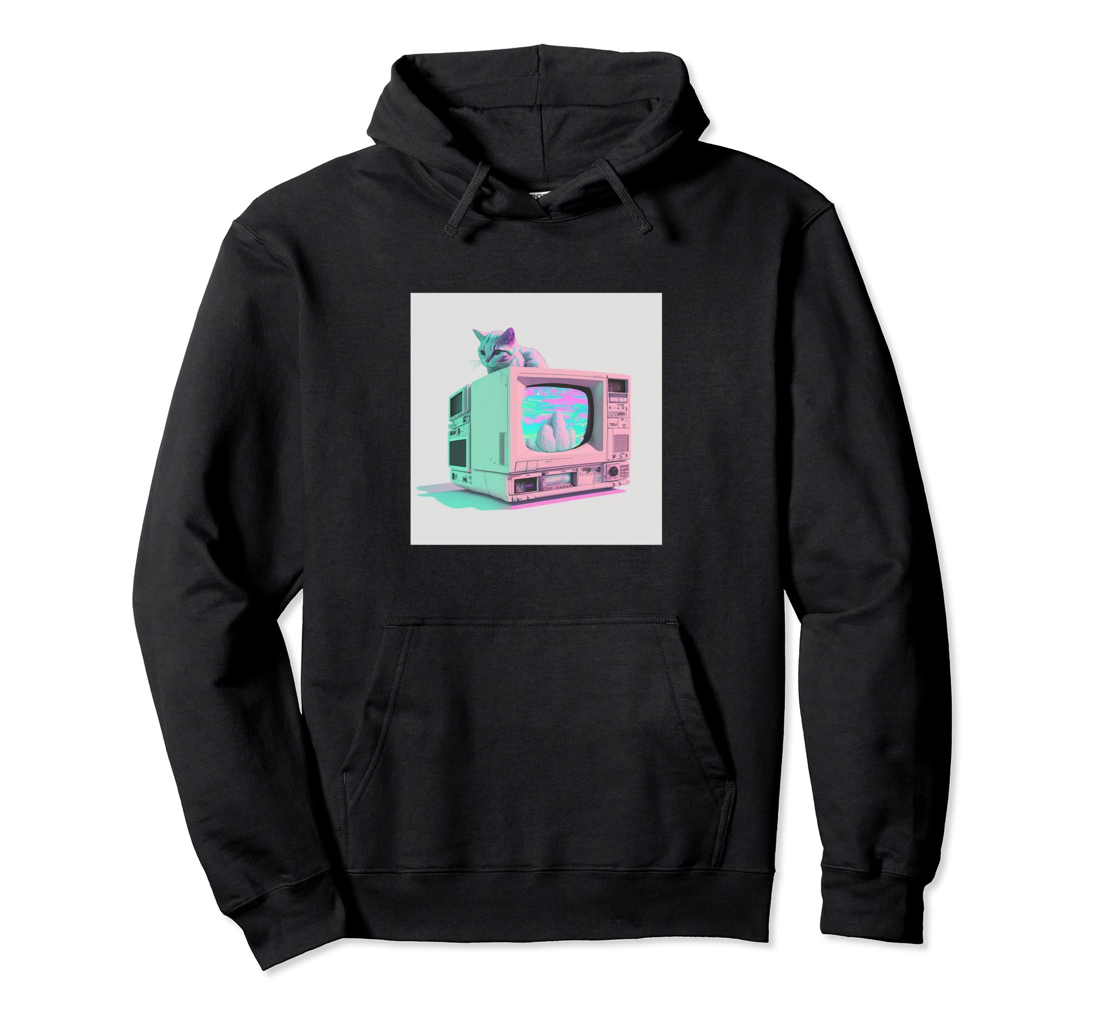 Vaperwave Aesthetic Glitch Cat Retrowave Hoodie - Graphic Print Unisex - T-Shirt, Sweatshirt, Hoodie
