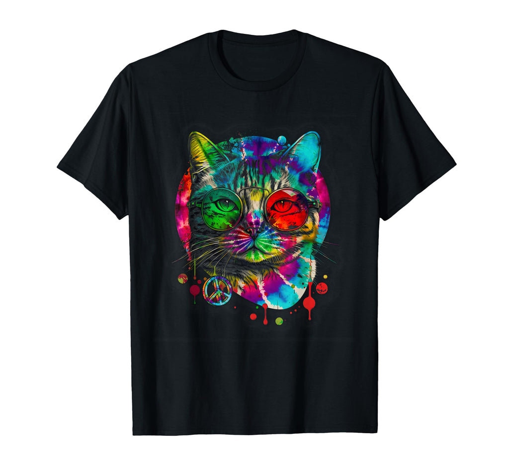 Hippie Cat Tie Dye Peace Sign 60S T-Shirt - Trendy Graphic for Adults - T-Shirt, Sweatshirt, Hoodie