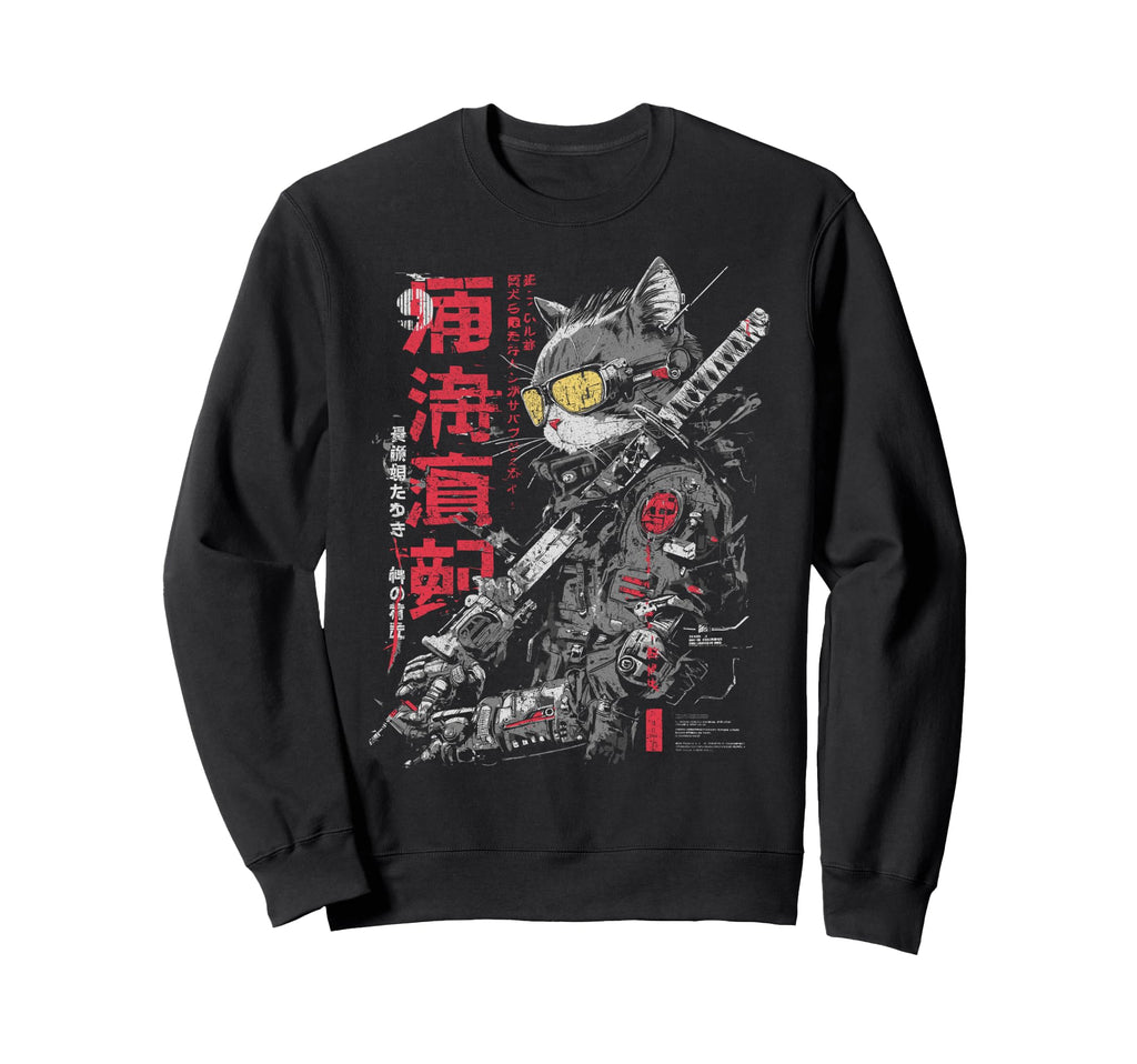 Japanese Streetwear Samurai Cat Sweatshirt - Unique Graphic Unisex - T-Shirt, Sweatshirt, Hoodie