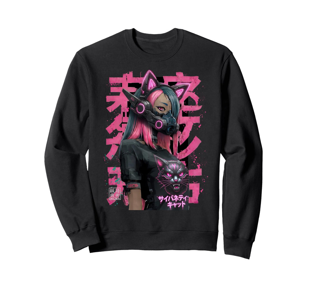 Japanese Cyberpunk Cat Sweatshirt - Aesthetic Graphic for Adults - T-Shirt, Sweatshirt, Hoodie