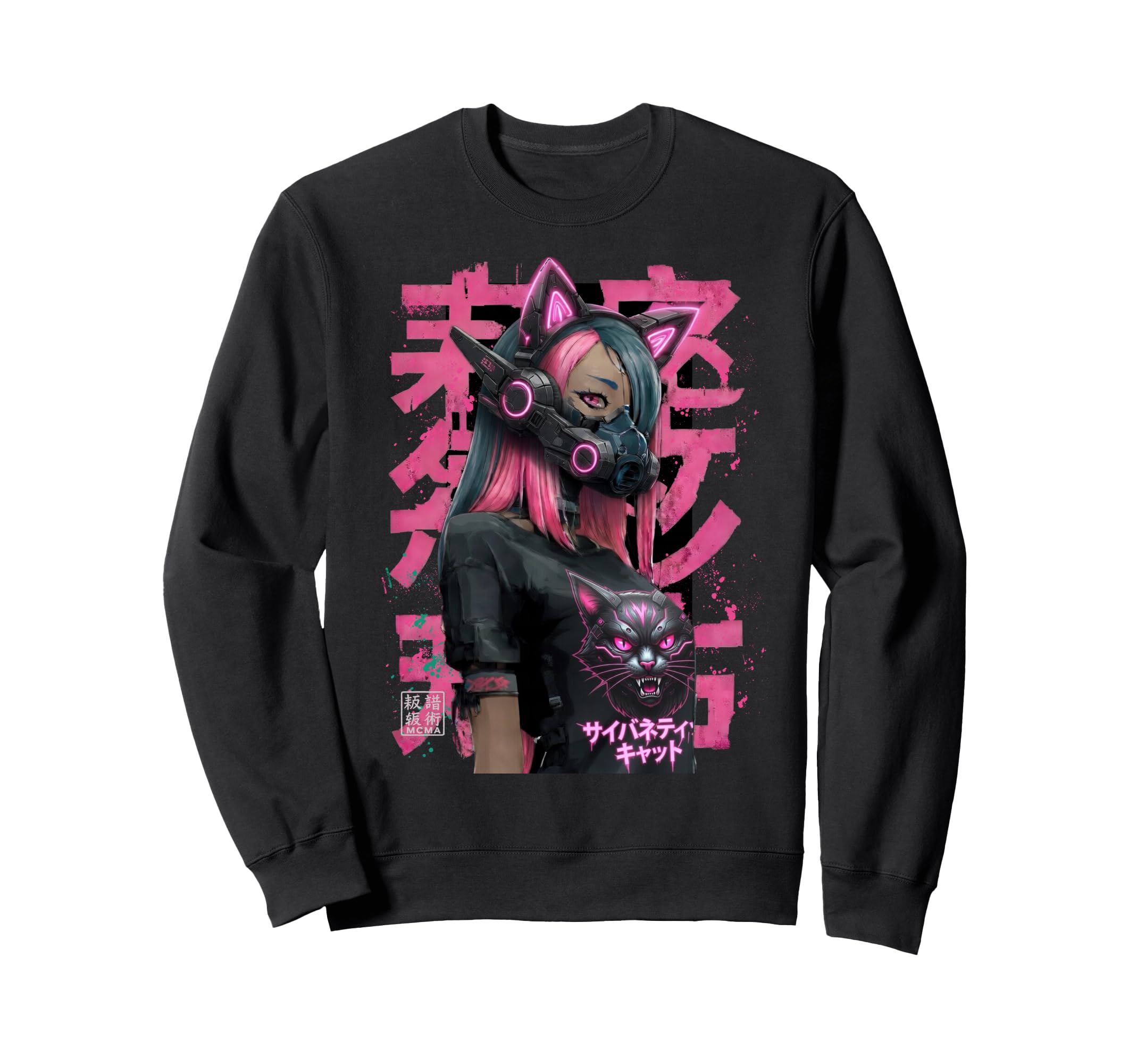 Japanese Cyberpunk Cat Sweatshirt - Aesthetic Graphic for Adults - T-Shirt, Sweatshirt, Hoodie