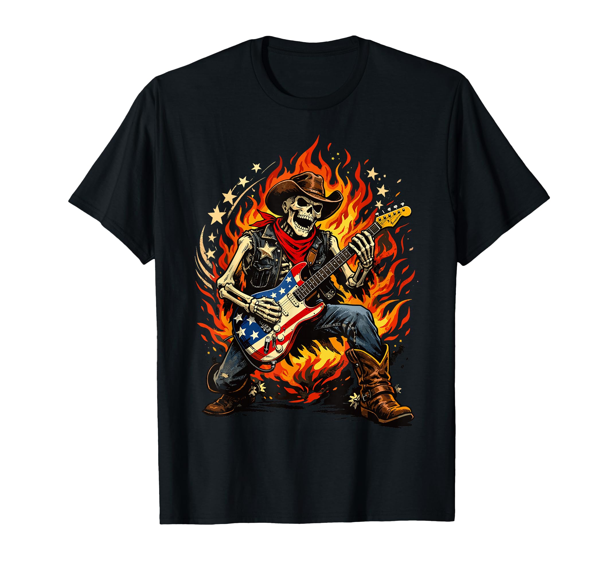 American Flag Guitar Skeleton Country T-Shirt - Minimalist Print Unisex - T-Shirt, Sweatshirt, Hoodie