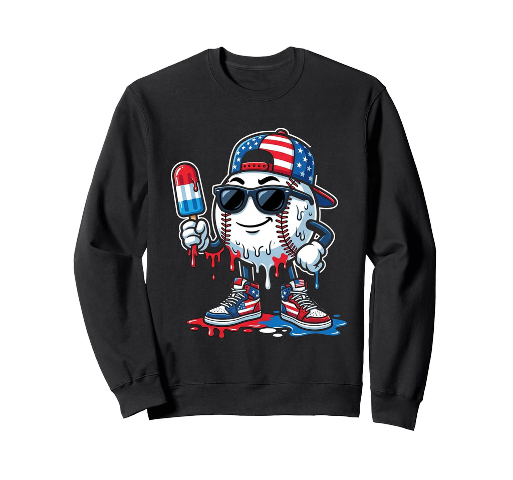 Baseball Drip Ice Cream American Flag Sweatshirt - Unique Graphic Unisex - T-Shirt, Sweatshirt, Hoodie