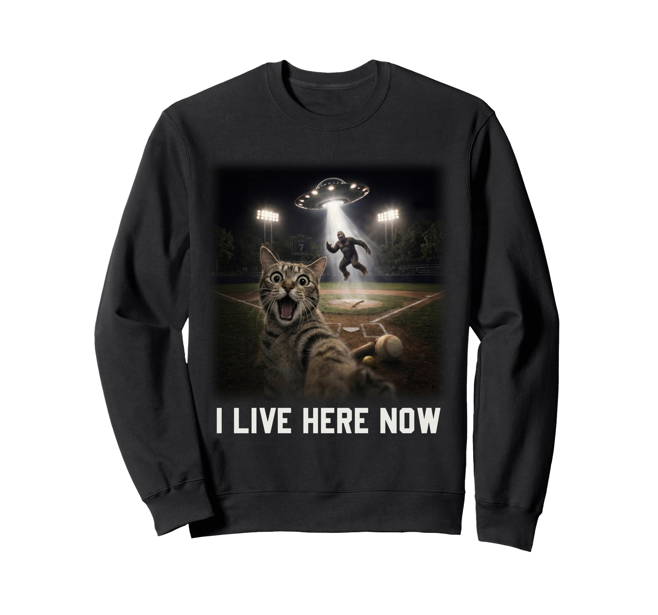 Cat Selfie Ufo Bigfoot Ballfield Sweatshirt - Custom Art Print for Adults - T-Shirt, Sweatshirt, Hoodie