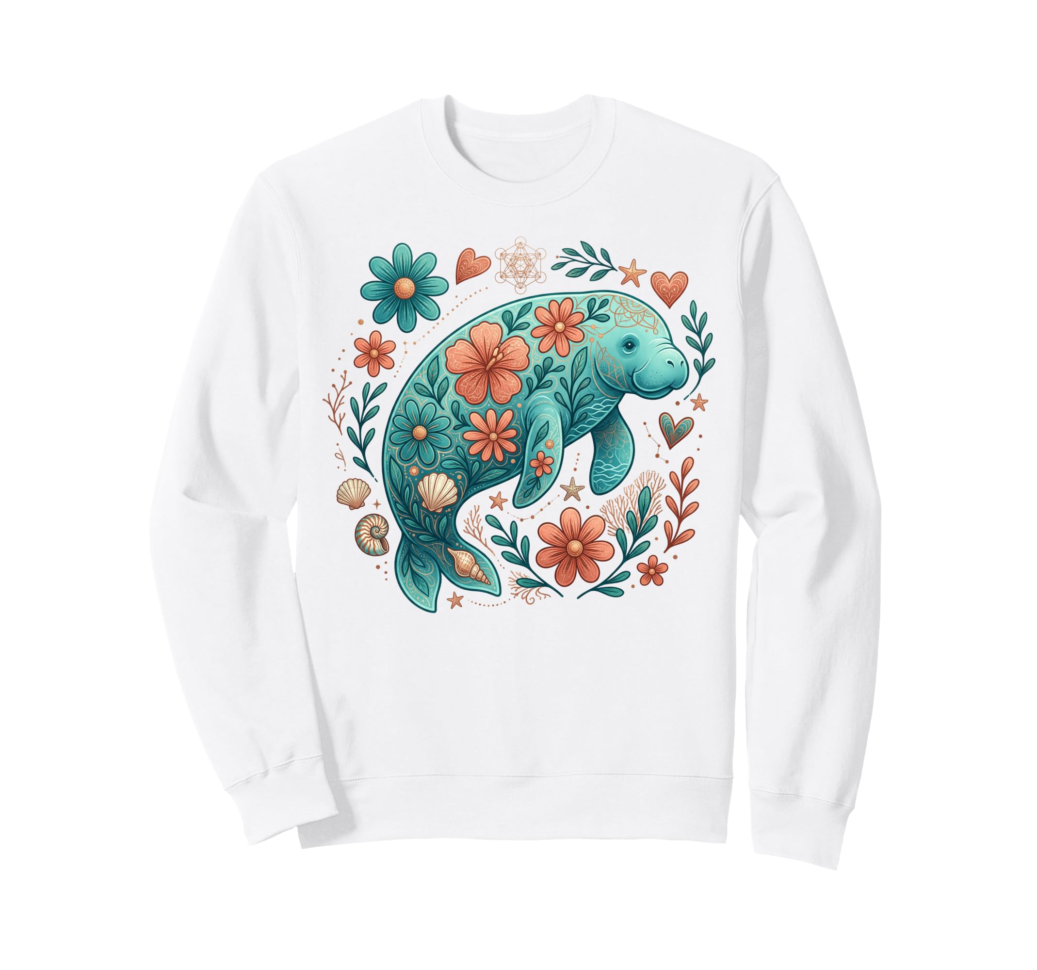 Floral Boho Manatee Summer Coastal Sweatshirt - Unique Graphic Men Women - T-Shirt, Sweatshirt, Hoodie