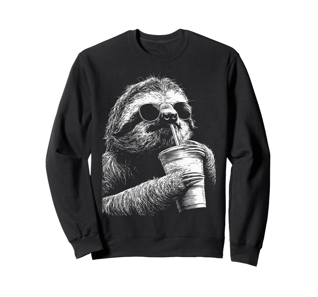 Sloth Drinking Iced Coffee Funny Sweatshirt - Unique Graphic Men Women - T-Shirt, Sweatshirt, Hoodie