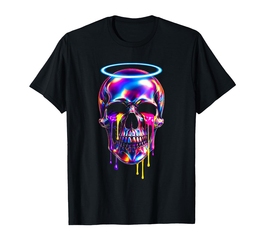 Dripping Skull Halo Vaporwave Techno T-Shirt - Minimalist Print for Adults - T-Shirt, Sweatshirt, Hoodie