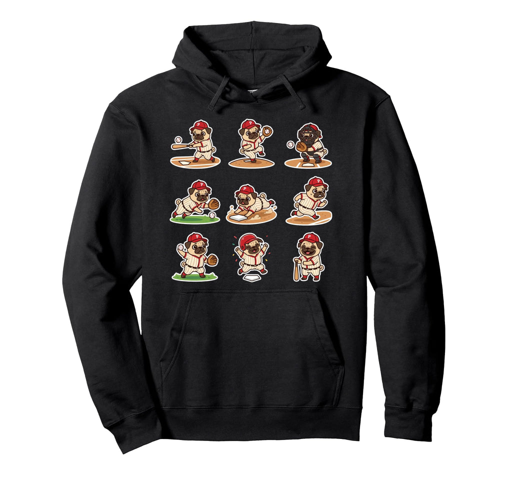 Pug Baseball Player Funny Dog Sports Hoodie - Unique Graphic Men Women - T-Shirt, Sweatshirt, Hoodie
