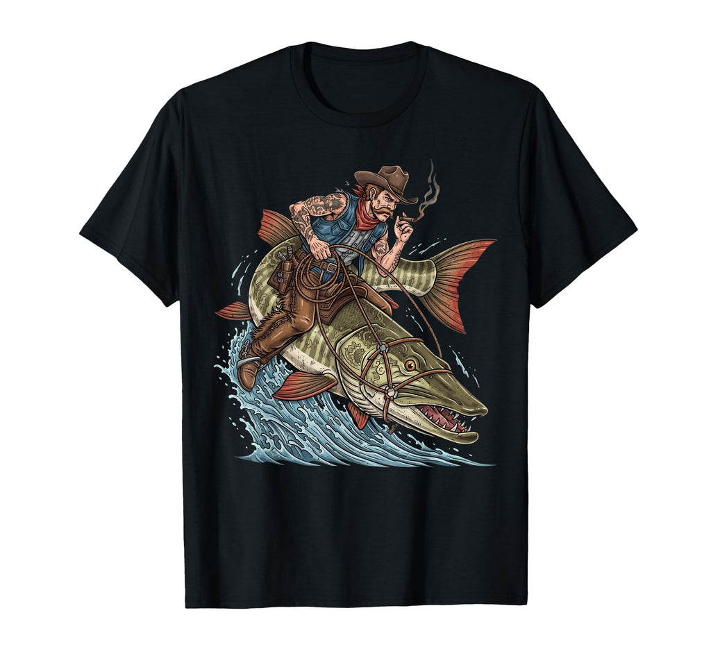 Funny Cowboy Riding Muskie Fish T-Shirt - Aesthetic Graphic for Adults - T-Shirt, Sweatshirt, Hoodie