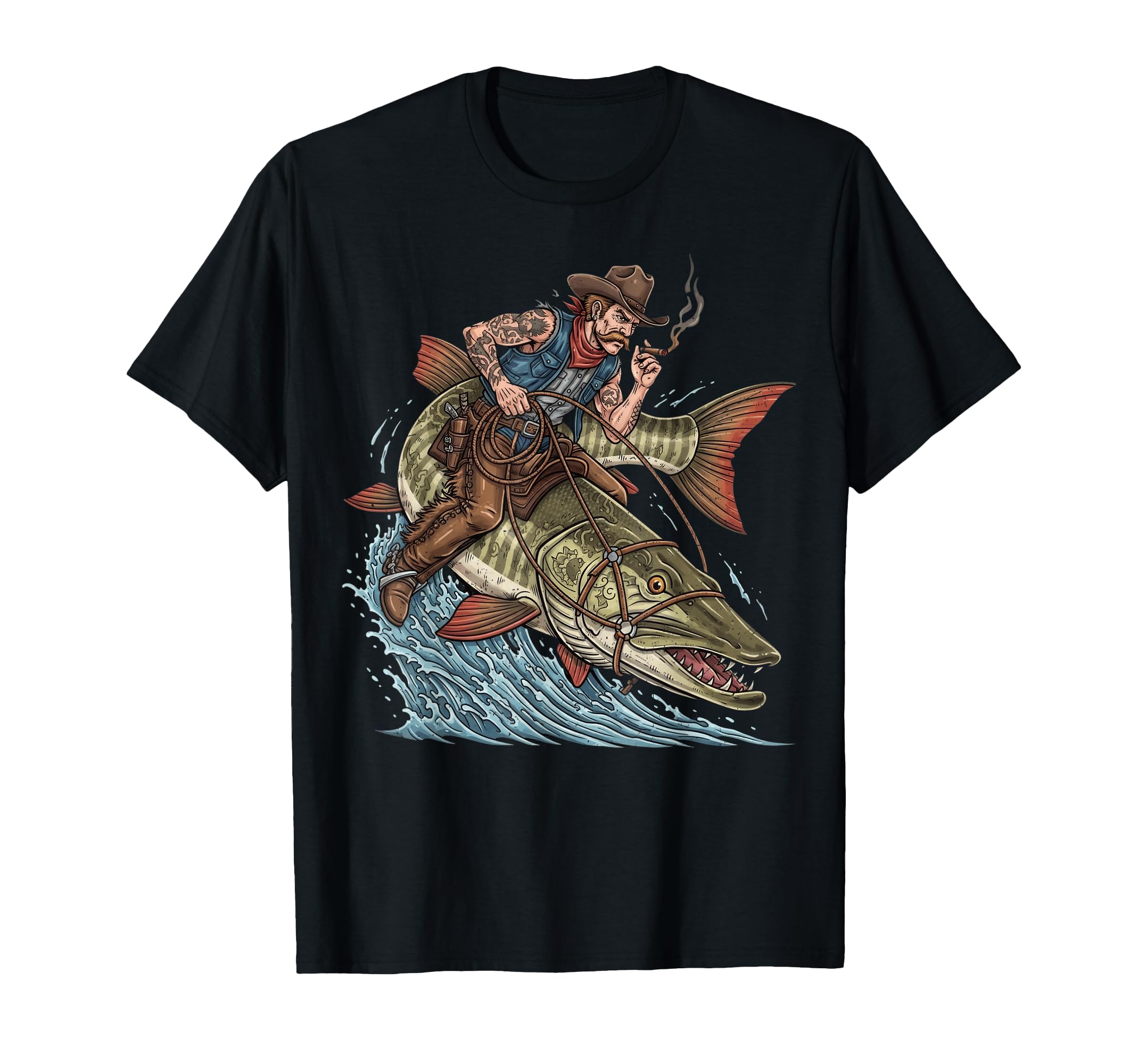 Funny Cowboy Riding Muskie Fish T-Shirt - Aesthetic Graphic for Adults - T-Shirt, Sweatshirt, Hoodie