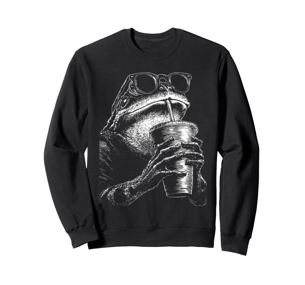 Frog Drinking Iced Coffee Funny Sweatshirt - Aesthetic Graphic Men Women - T-Shirt, Sweatshirt, Hoodie
