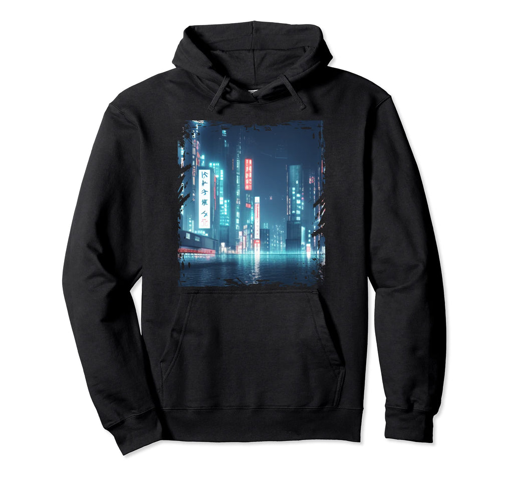 Japanese City Skyline Night Cityscape Hoodie - Trendy Graphic Men Women - T-Shirt, Sweatshirt, Hoodie