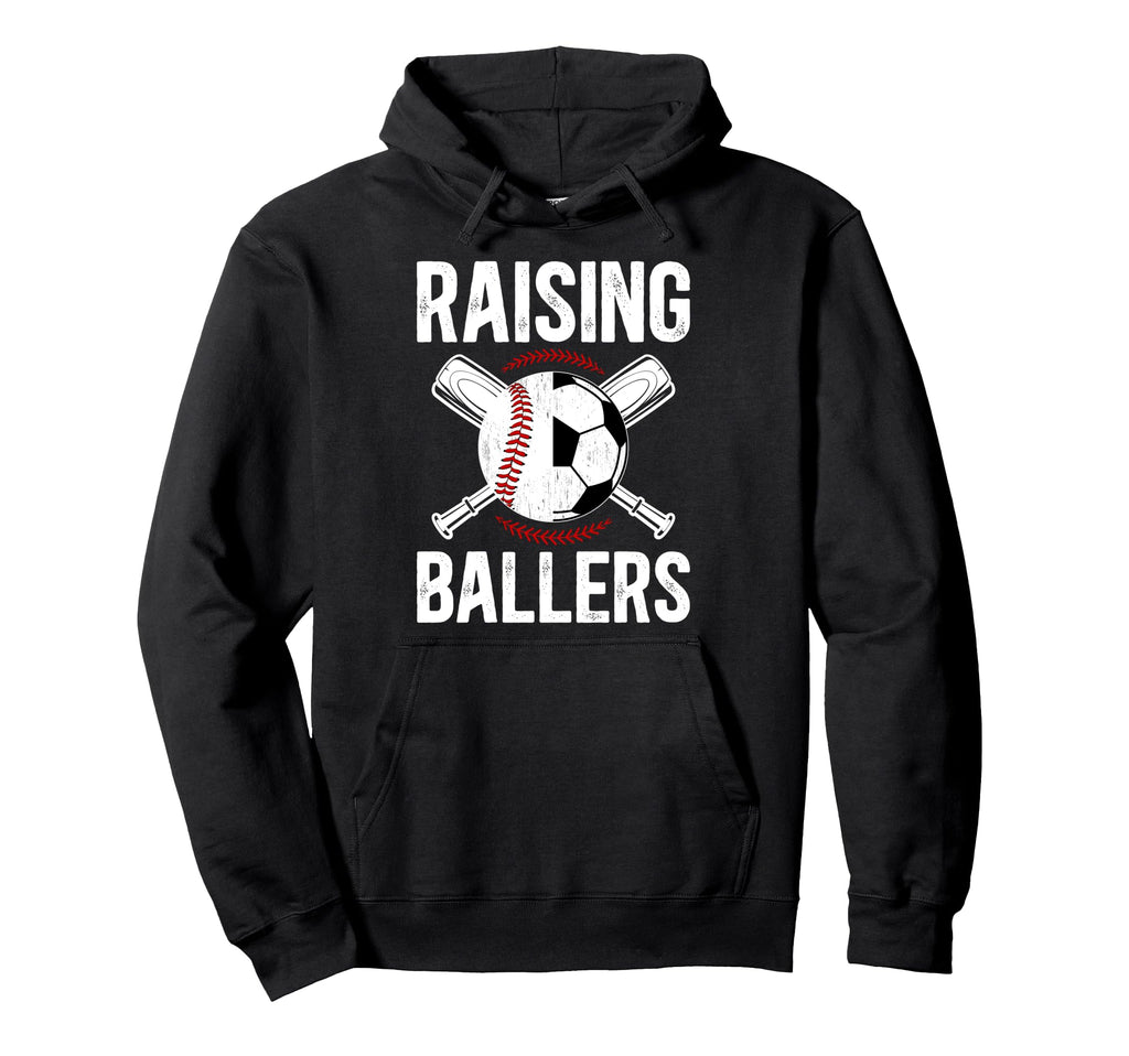 Raising Ballers Soccer Baseball Dad Hoodie - Aesthetic Graphic for Adults - T-Shirt, Sweatshirt, Hoodie