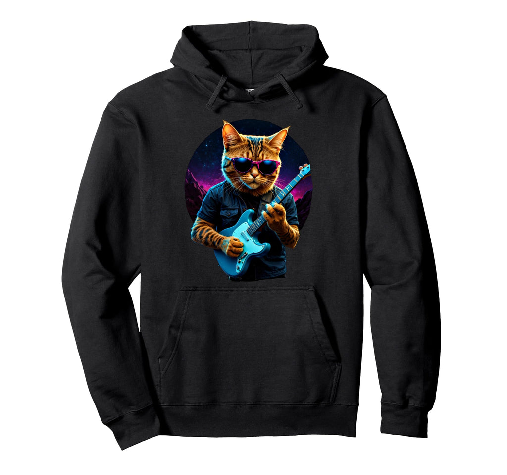 Rock Cat Playing Guitar Vaporwave Hoodie - Custom Art Print Unisex - T-Shirt, Sweatshirt, Hoodie