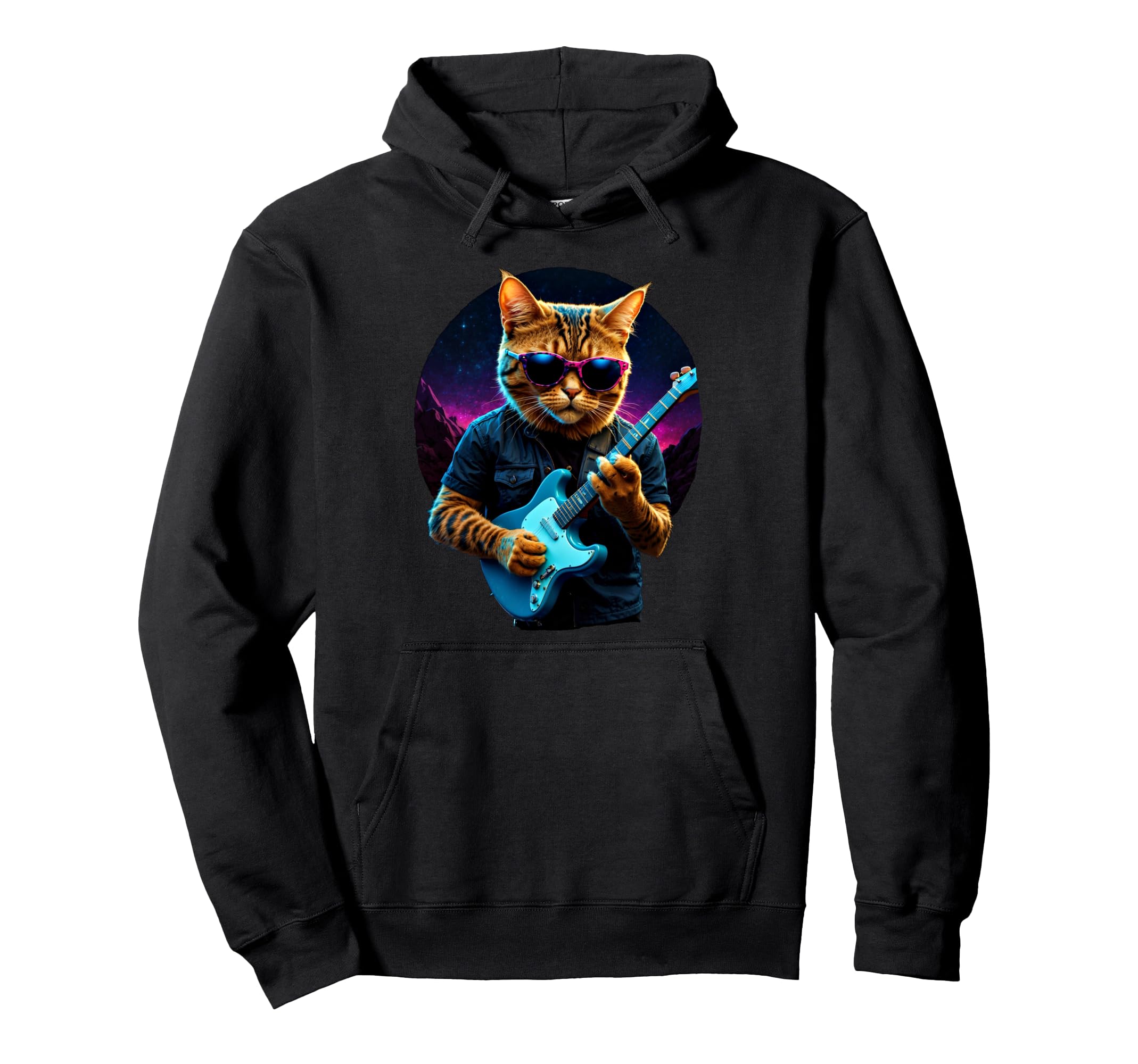 Rock Cat Playing Guitar Vaporwave Hoodie - Custom Art Print Unisex - T-Shirt, Sweatshirt, Hoodie