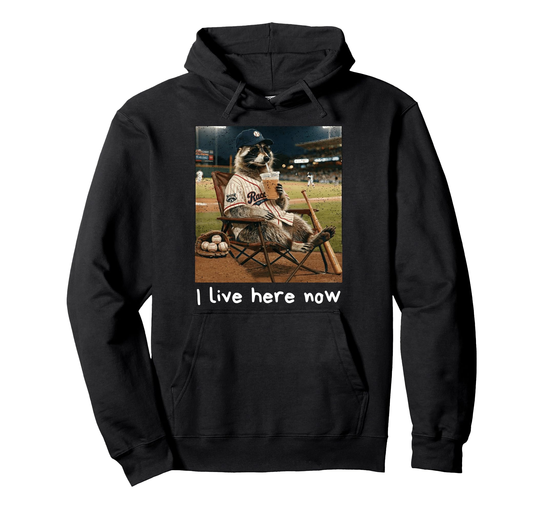 Funny Raccoon Baseball Field Ballfield Hoodie - Trendy Graphic for Adults - T-Shirt, Sweatshirt, Hoodie