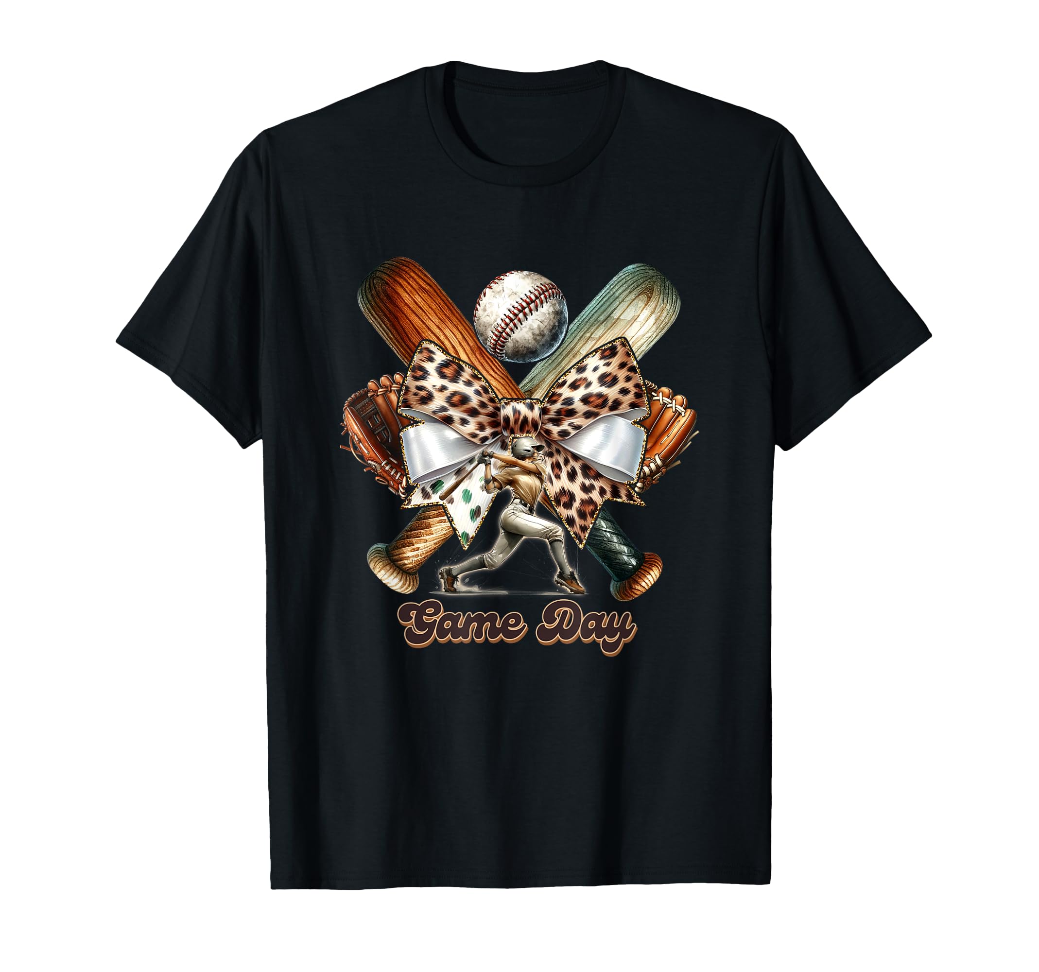 Game Day Baseball Bat Bow Leopard T-Shirt - Aesthetic Graphic for Adults - T-Shirt, Sweatshirt, Hoodie
