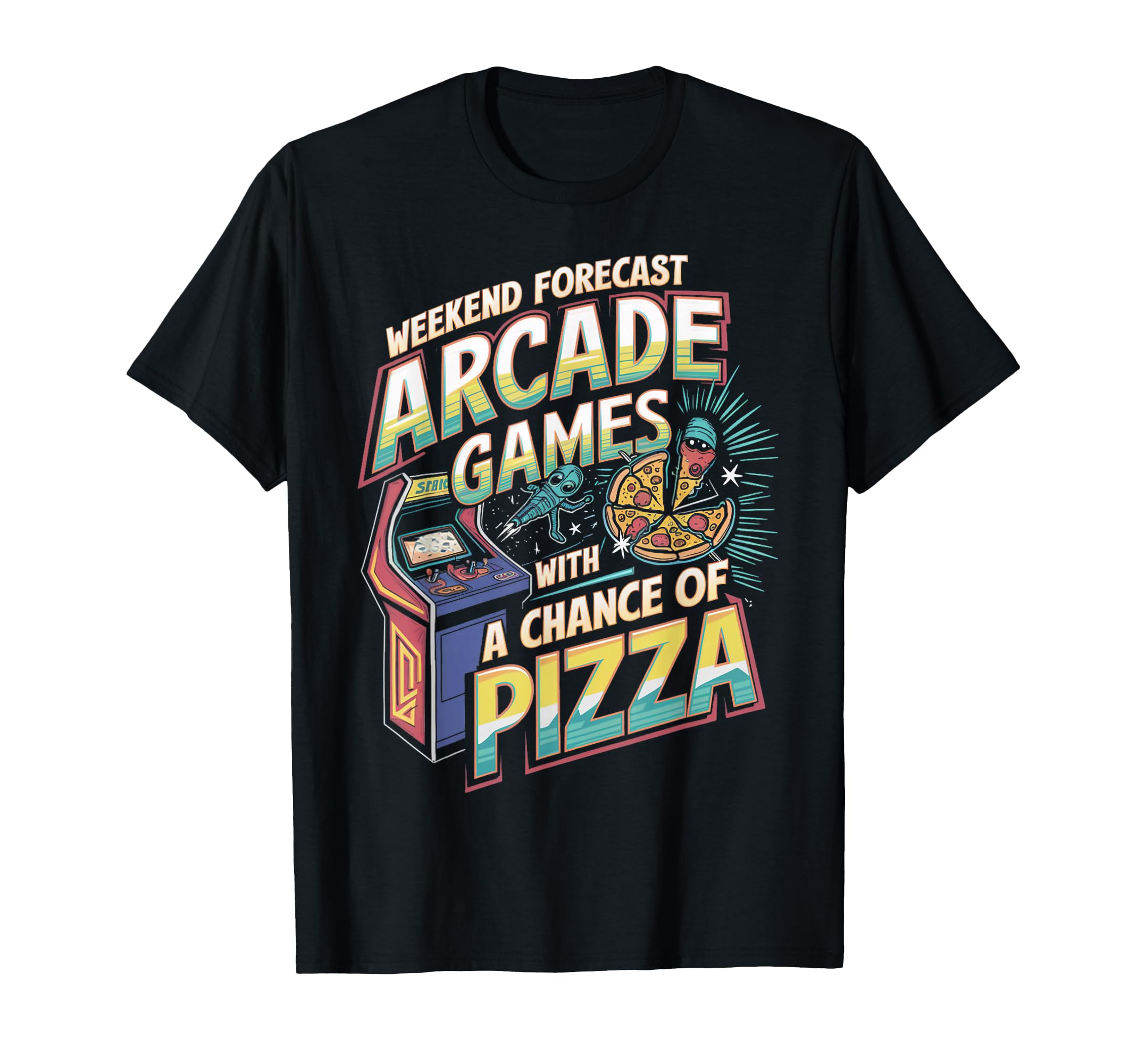 Weekend Forecast Arcade Gamer Pizza T-Shirt - Minimalist Print for Adults - T-Shirt, Sweatshirt, Hoodie