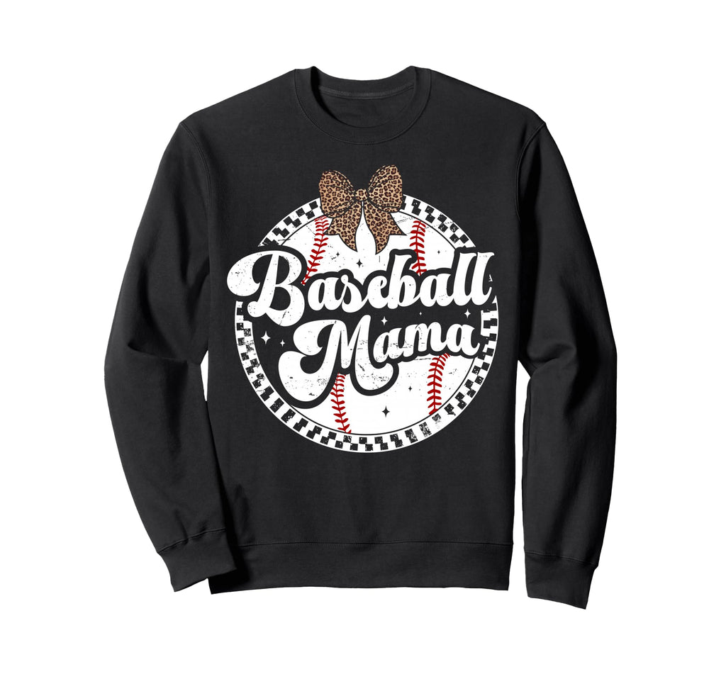 Baseball Mom Leopard Bow Checkered Sweatshirt - Unique Graphic Men Women - T-Shirt, Sweatshirt, Hoodie