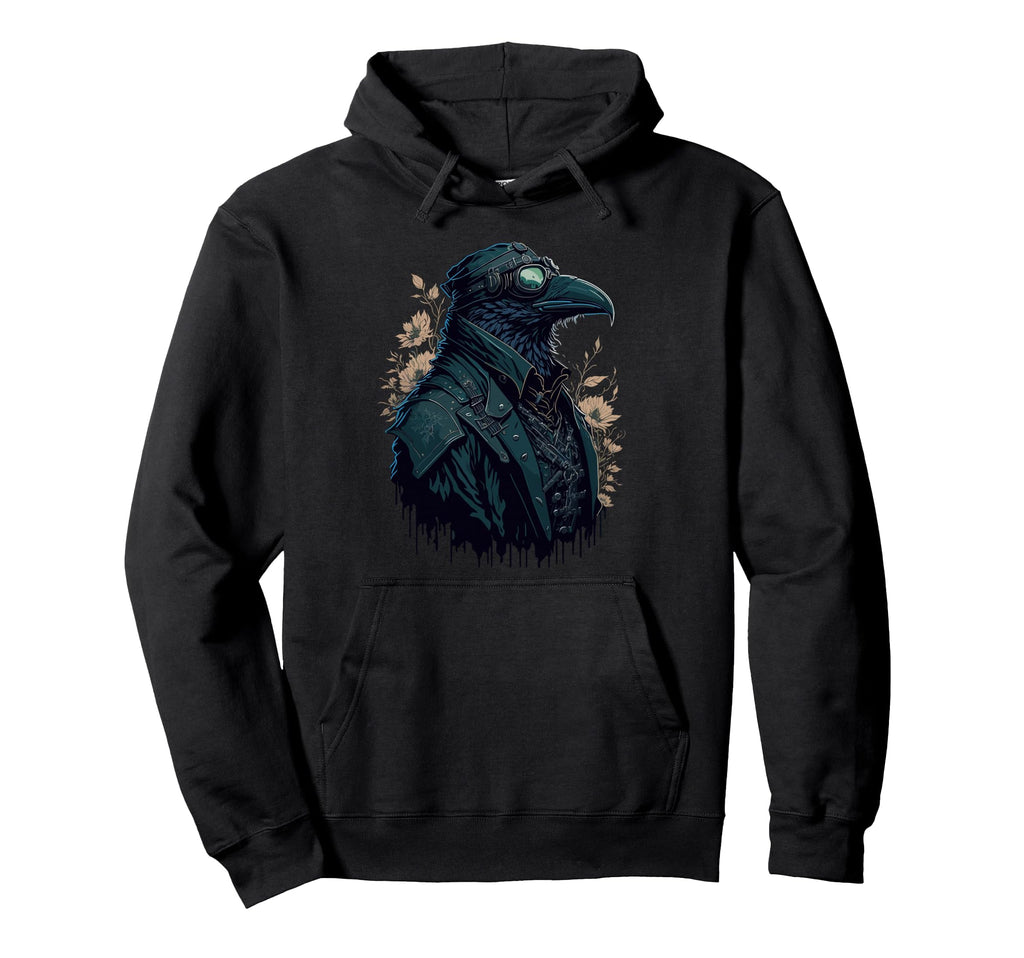 Steampunk Raven Biker Fantasy Gothic Floral Hoodie - Trendy Graphic Unisex - T-Shirt, Sweatshirt, Hoodie