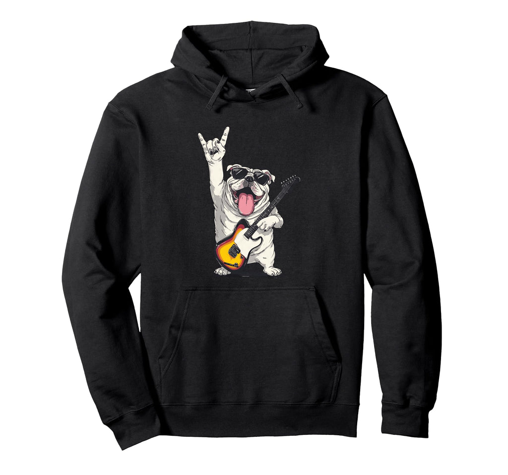 Funny Bulldog Rock Music Guitar Hoodie - Fun Novelty Design for Adults - T-Shirt, Sweatshirt, Hoodie
