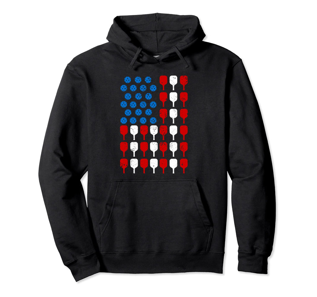 Distressed Pickleball Usa Flag Hoodie - Novelty Apparel for Adults - T-Shirt, Sweatshirt, Hoodie