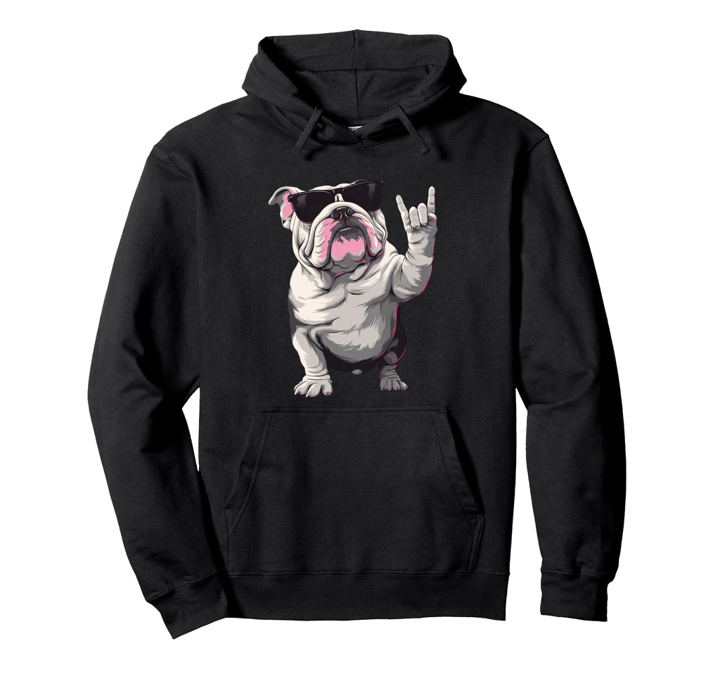 Bulldog English Sunglasses Rock Hand Hoodie - Fun Novelty Design Unisex - T-Shirt, Sweatshirt, Hoodie