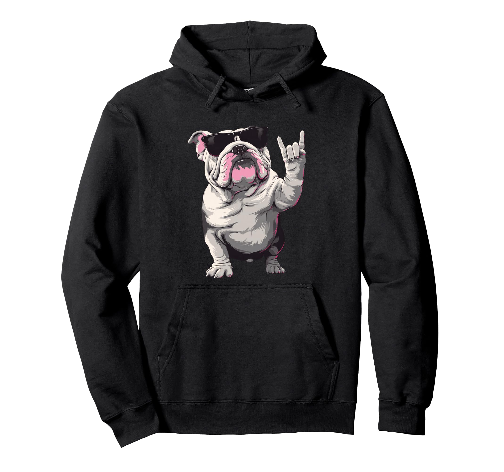 Bulldog English Sunglasses Rock Hand Hoodie - Fun Novelty Design Unisex - T-Shirt, Sweatshirt, Hoodie
