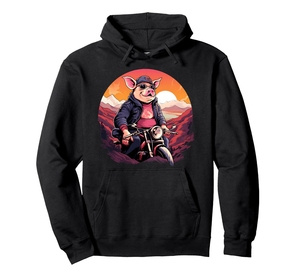 Biker Pig Riding Motorcycle Hoodie - Minimalist Print Unisex - T-Shirt, Sweatshirt, Hoodie