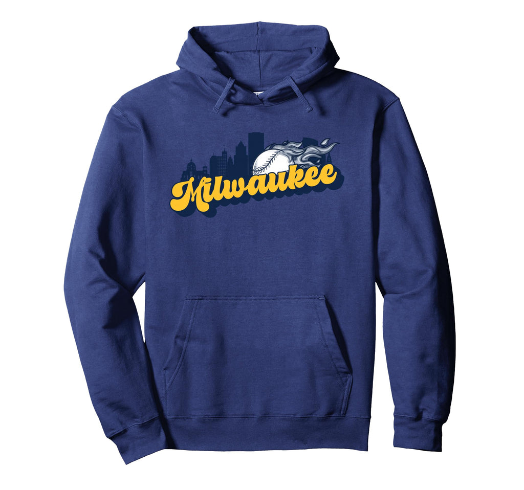 Milwaukee Baseball City Skyline Baseball Hoodie - Unique Graphic Men Women - T-Shirt, Sweatshirt, Hoodie