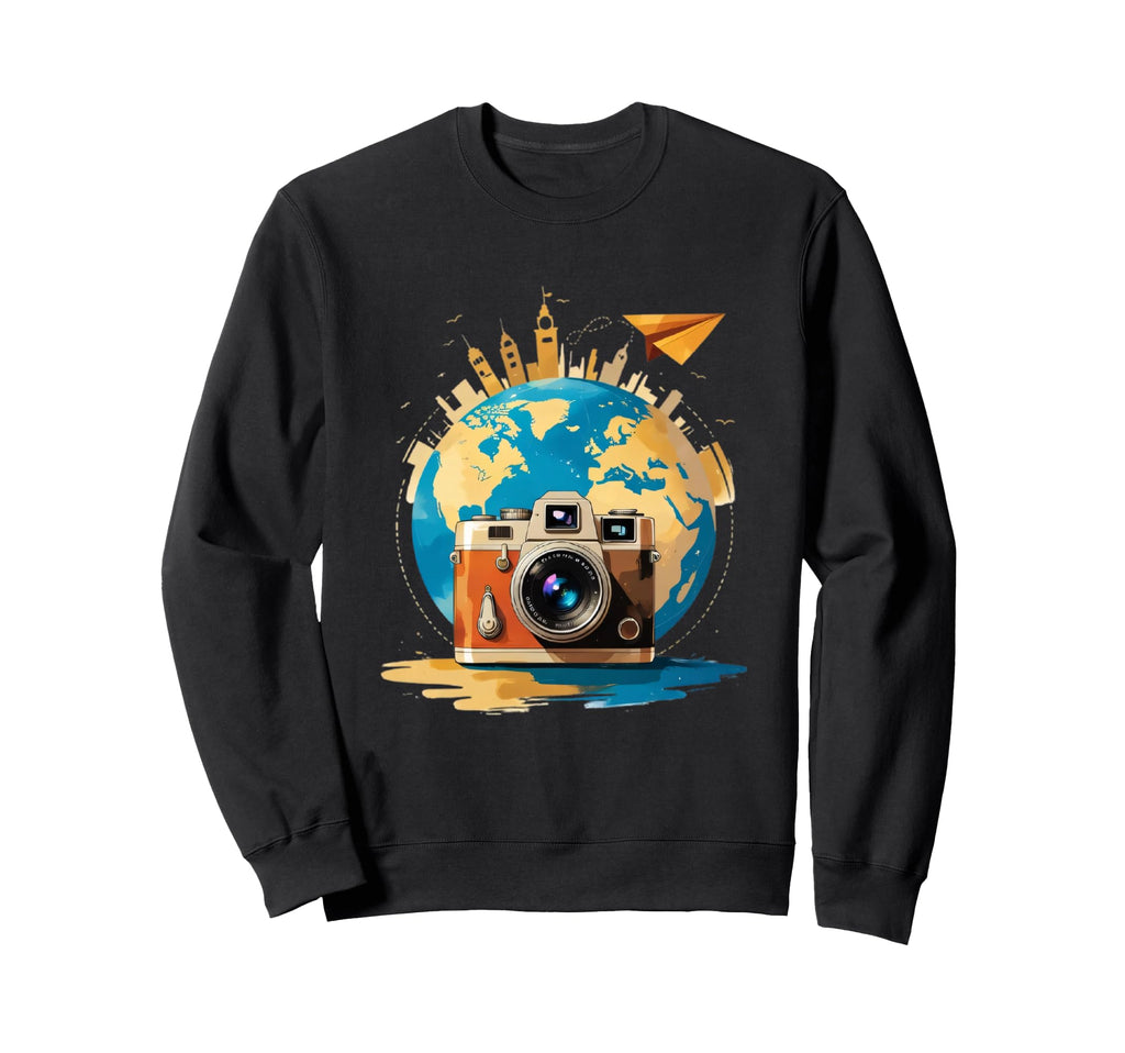 Camera And Globe Travel Art Sweatshirt - Unique Graphic Men Women - T-Shirt, Sweatshirt, Hoodie